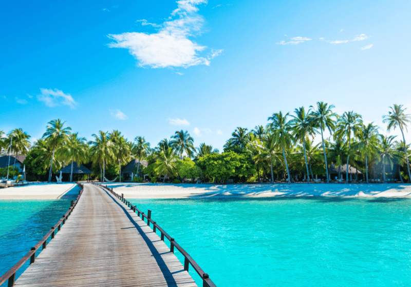 Entspannung am weißen Sandstrand mit türkisblauem Wasser findest du im Winterurlaub auf den Malediven