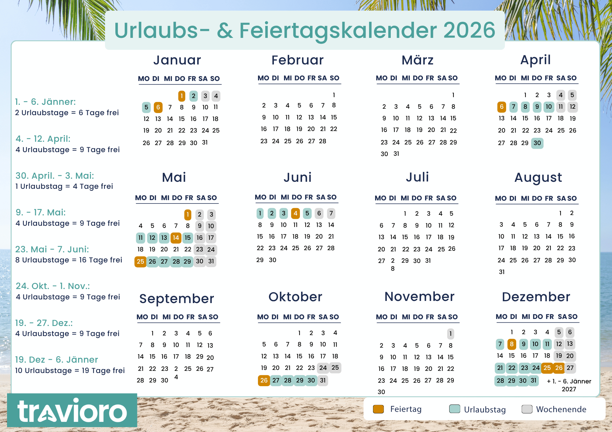 Mit dem Travioro Urlaubskalender siehst du alle Feiertage und Fenstertage 2026 auf einen Blick